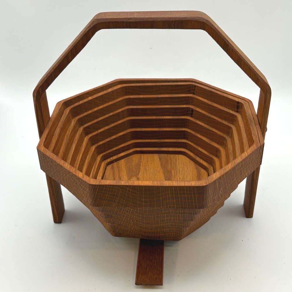 Vtg Uriah Hershberger Amish Oak Collapsible Basket Bowl Accordion Westby WI MCM